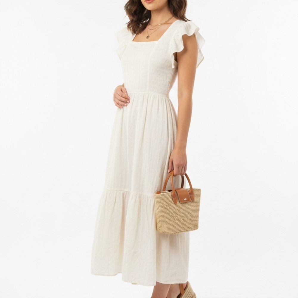Madewell Cream Midi Dress with Ruffle Sleeves